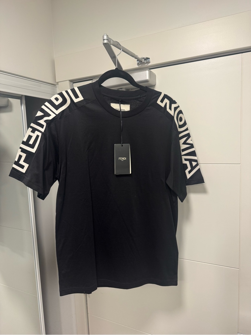 Fendi Men’s Black Tee with White Logo Shoulder Panels